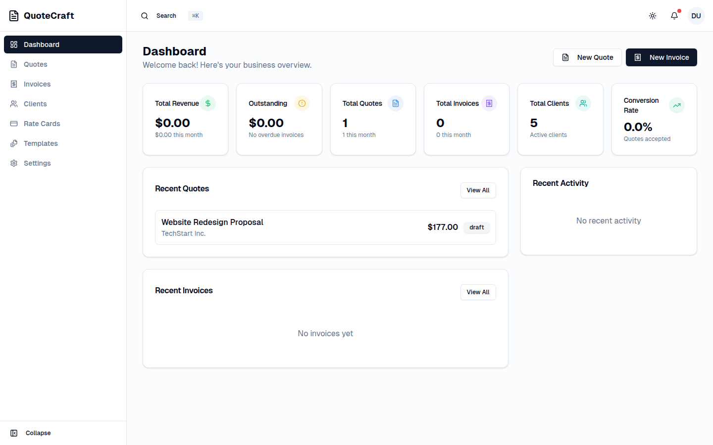 Dashboard showing revenue tracking and invoice status