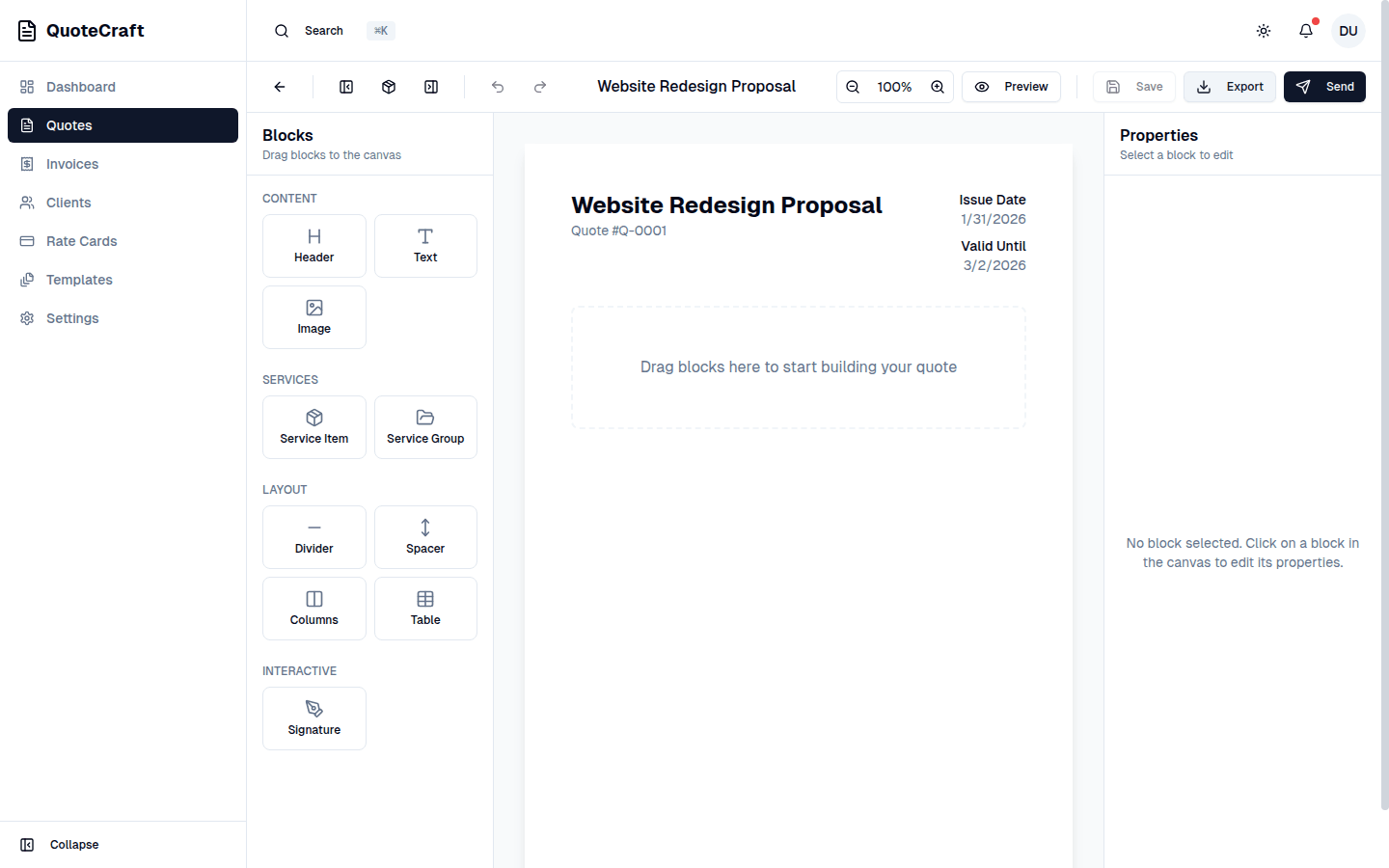 Quote builder with signature block for electronic signatures
