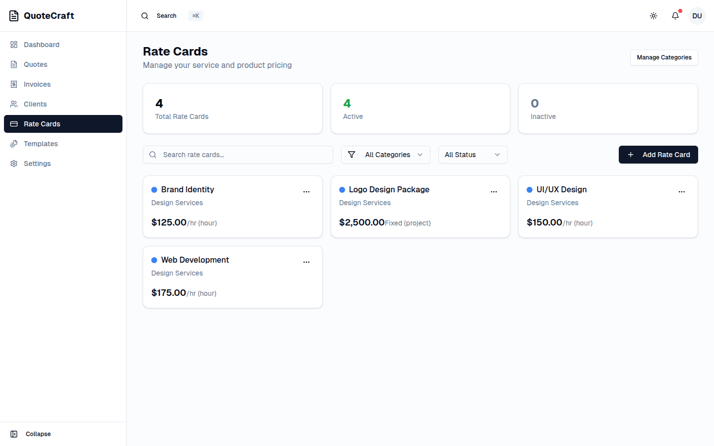 Rate cards with service pricing for hourly and fixed rates