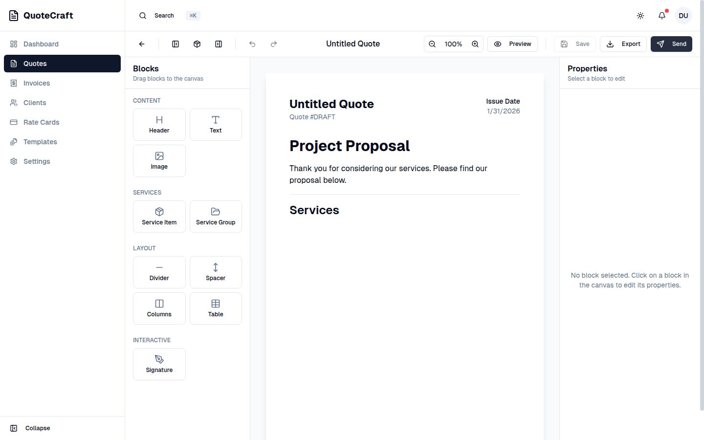QuoteCraft visual quote builder - drag and drop blocks to create professional quotes
